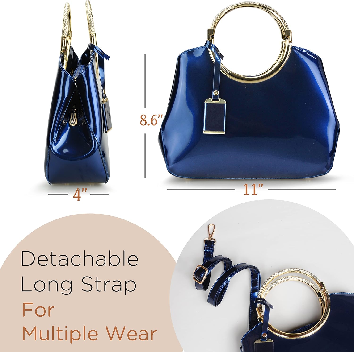 HOXIS Charm Glossy Metal Grip Structured Shoulder Handbag Women Satchel - Image 3