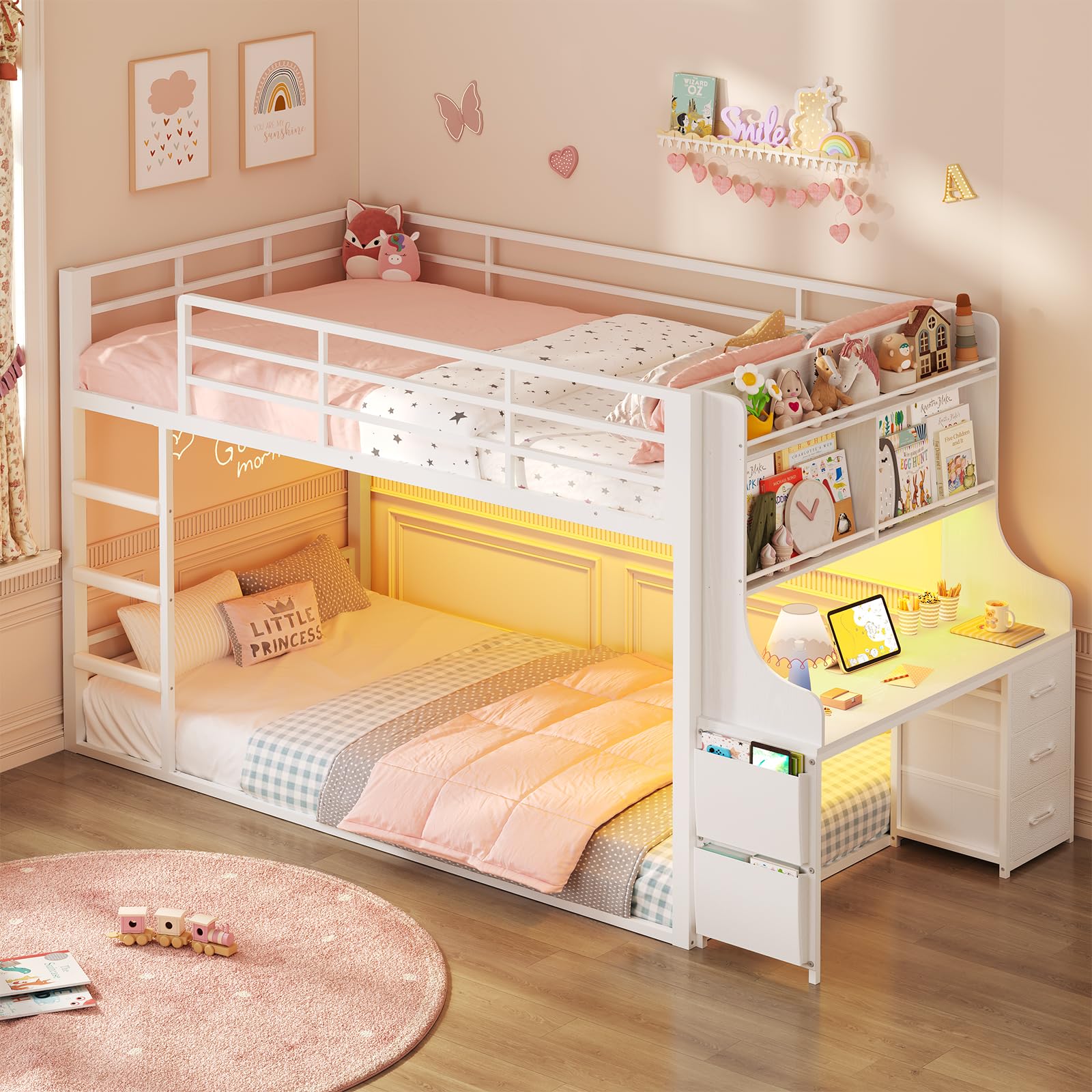 ADORNEVE Low Bunk Bed Twin Size with Desk, Bookshelf & 3 Storage Drawers, Metal Floor Bunk Bed Twin Over Twin with RGB Lights & Charging Station, Safety Guardrail & Ladder, Small Space, White