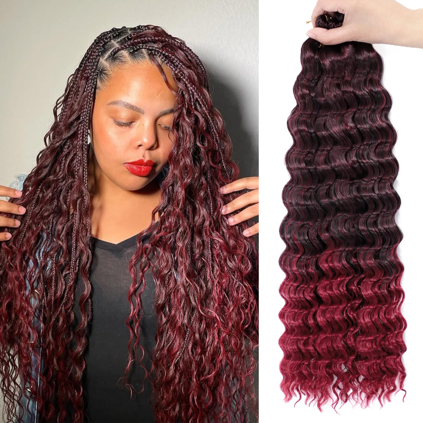 Eerya Long Curly Braiding Hair 18 Inch 4 Packs Deep Ocean Wave Crochet Hair for Black Women Deep Wave Braiding Hair for Boho Braids（18 inch, TBUG）