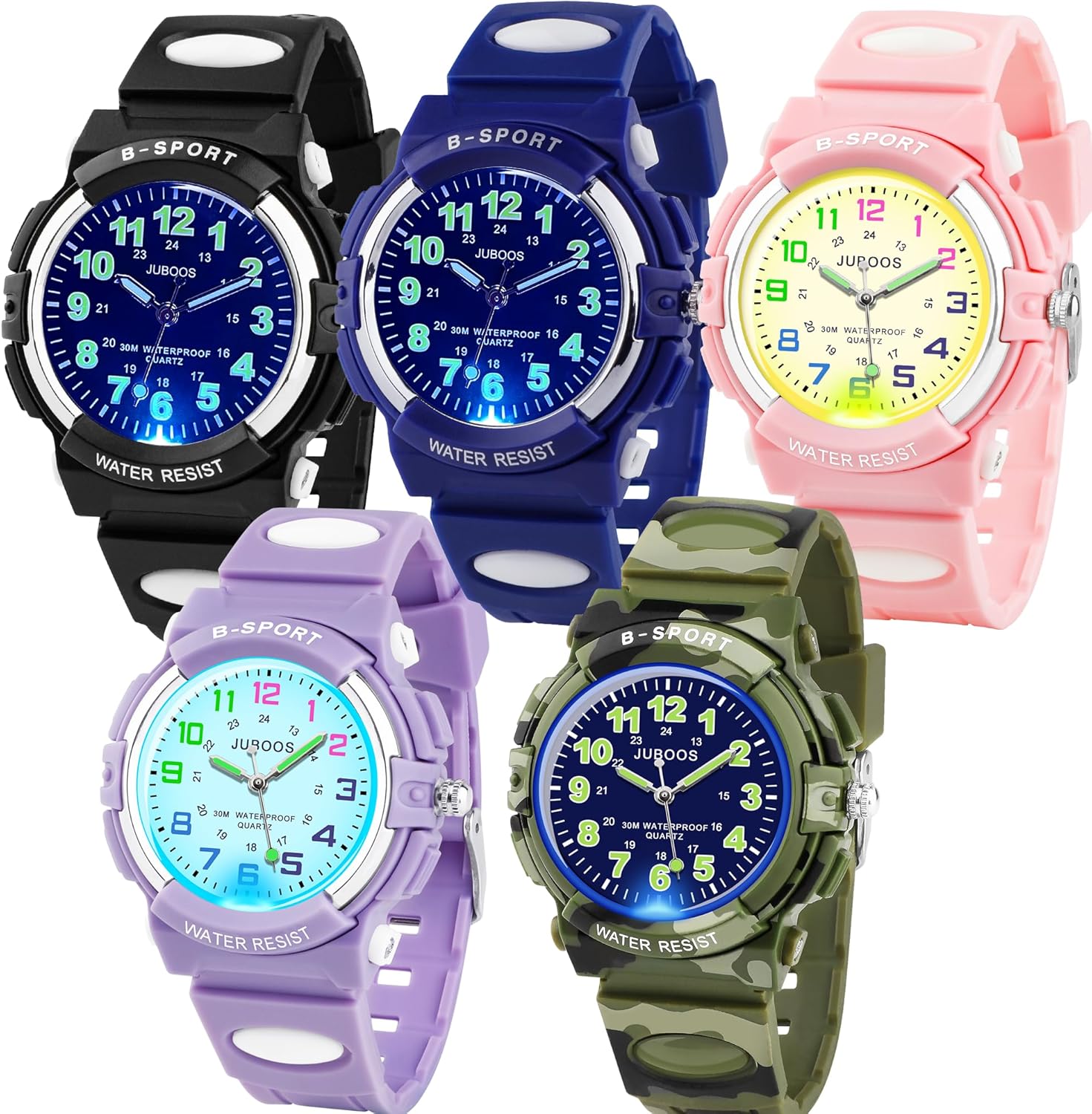 Juboos 5PCS Kids Watch Analog with 7 Colorful Night Lights Boys Girls Waterproof Soft Strap Kids Time Teaching Quartz Wristwatch for Ages 5-18