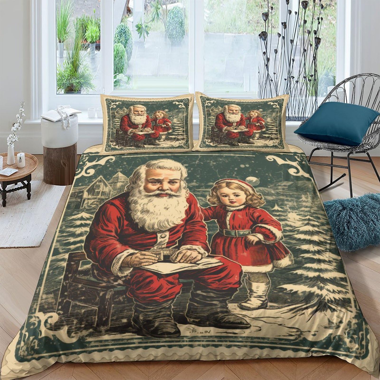 Housse de couette Noël vintage 200x200 idée cadeau parure de lit 3 pièces