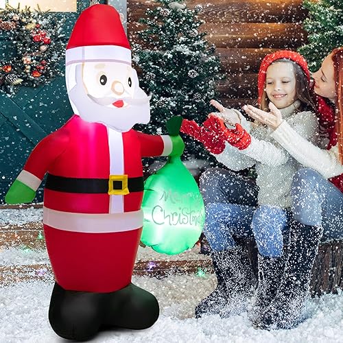 Miniatura 9 de Tangkula Santa Claus inflable de 5 pies con bolsa de regalo, Papá Noel de Navidad autoinflable con luces LED, bolsas de arena integradas, estacas,