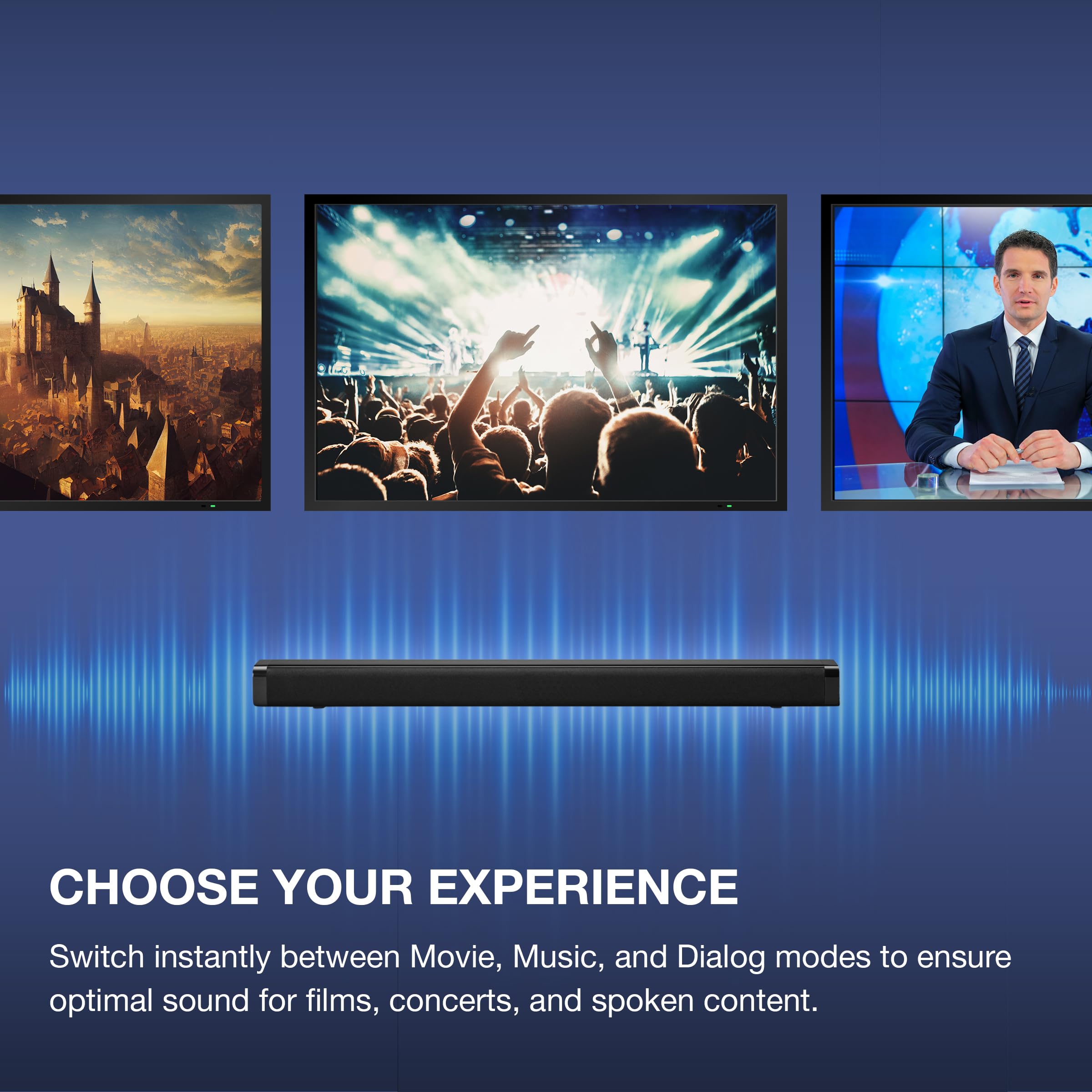 iLive Soundbar Bluetooth 32" z bezprzewodowym subwooferem, 2,1-kanałowy dźwięk stereo, wejścia stereo AUX i RCA, wejście audio 3,5 mm, 3 ustawienia audio, soundbar ścienny
