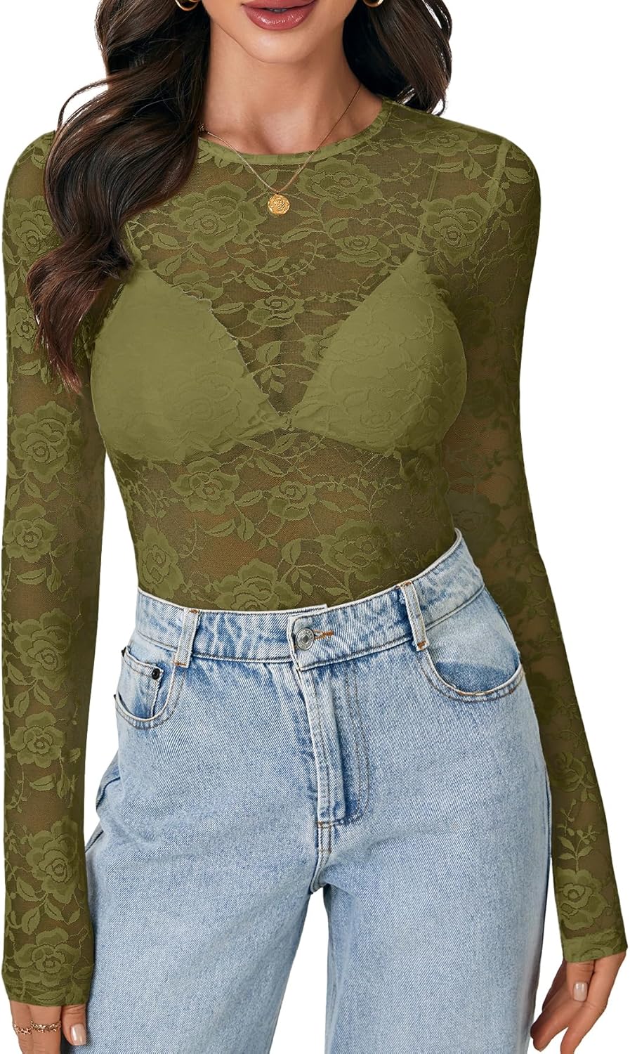 LYANER Women's Sexy Mesh Top Floral Long Sleeve See Through Shirt Lace Sheer Blouses - Image 2