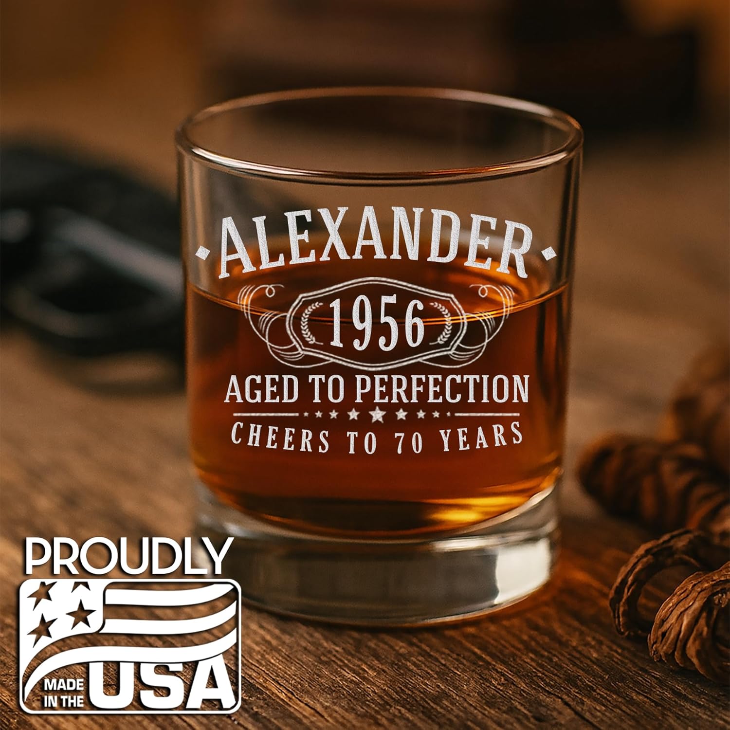 Personalized Vintage 70th Birthday Etched Whiskey Glass - Custom 1956 Birthday Gifts for Men - Cheers to Turning 70 Years old - 70th Decorations for Men - Scotch Bourbon Him Dad Grandpa 1.0