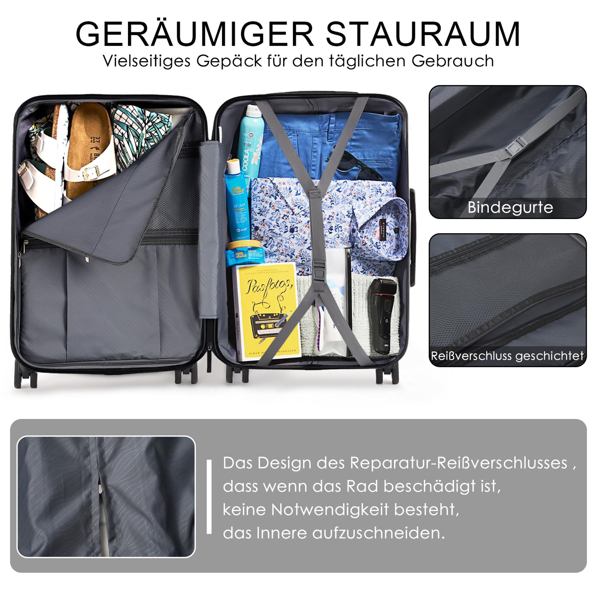 TANTOMI Koffer Mittelgroß, 24 Zoll Hartschalenkoffer, Trolley, Leichter ABS-Rollkoffer, Reisekoffer mit 4×360°-Rollen, 3-Stelliges Zahlenschloss (Schwarz, 65L)