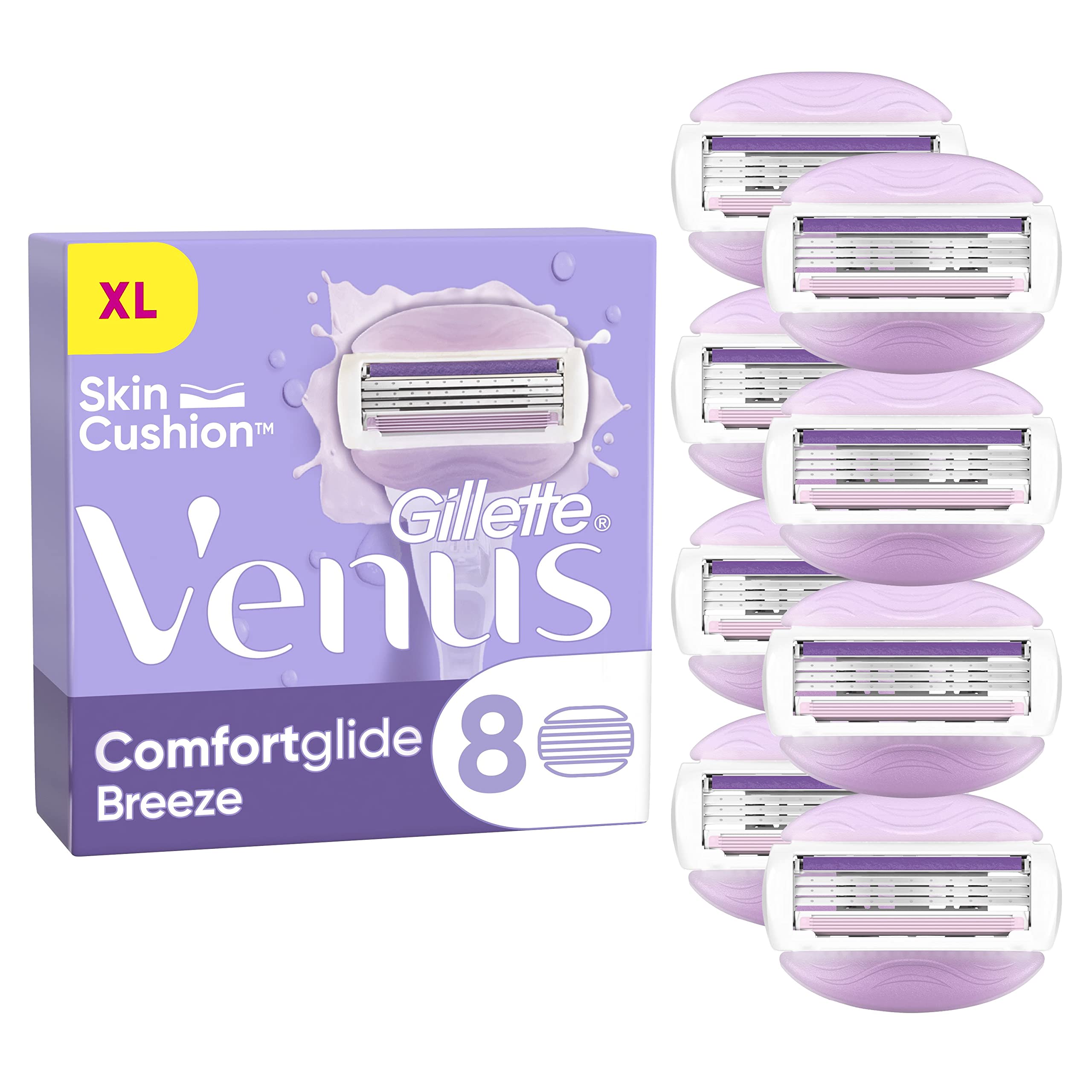 Gillette Venus Comfortglide Breeze Women's Razor Blade Refills, Pack of 8, 3 built-in blades for a smooth, close shave that lasts