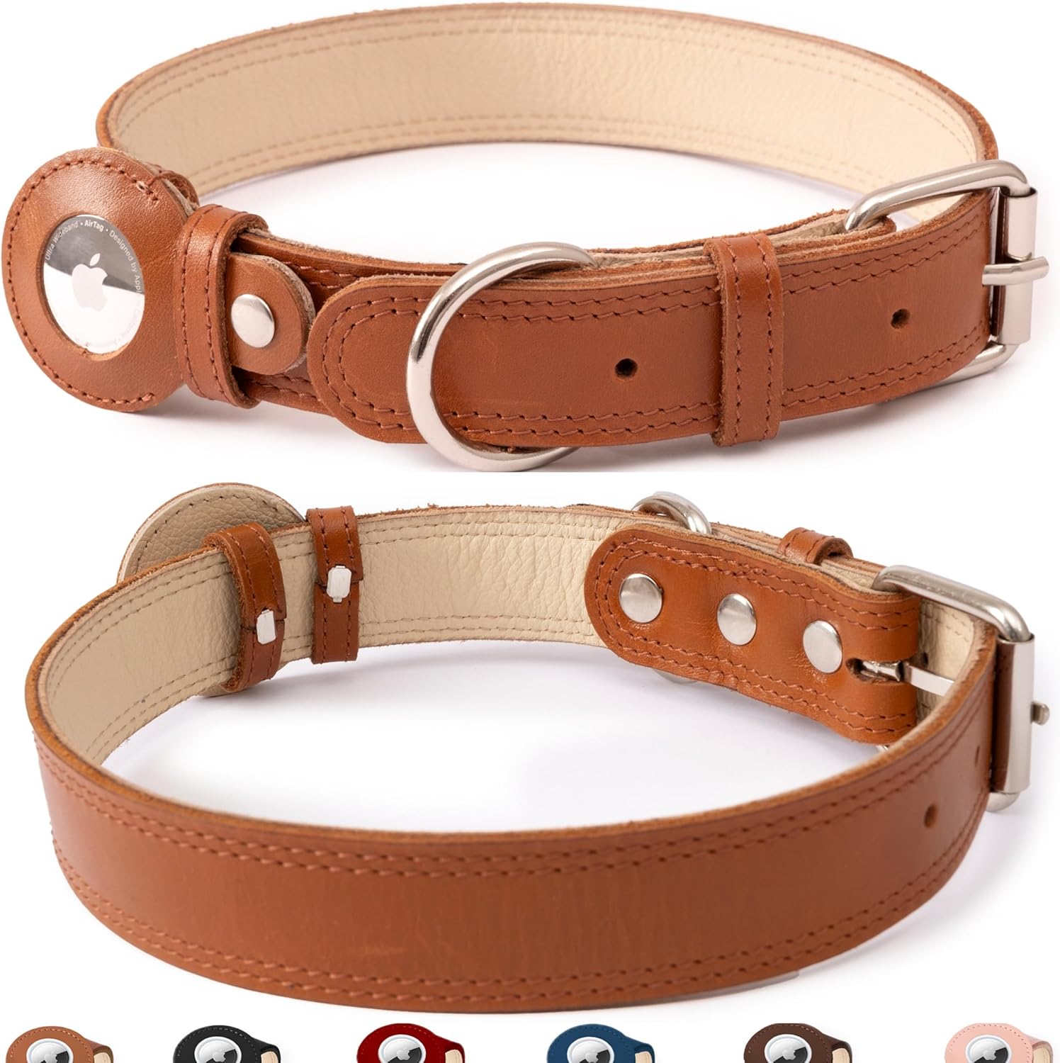 Real Leather-based Canine Collar with Apple AirTag Holder for Small Medium Massive Additional Massive Pet Canine, Metallic Buckle, Heavy Responsibility Prime-Grain Comfortable Leather-based Padded Canine Collar (Mild Brown, L, 18″-23″ Neck Match)