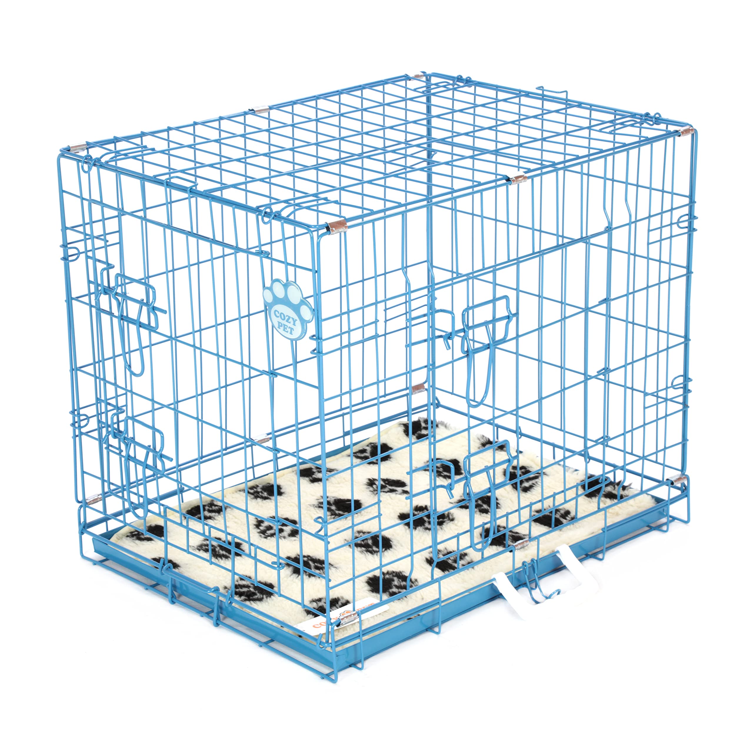 Cozy Pet Dog Cage with Metal Tray and Vet Bed 24" (61cm) Blue Puppy Cage, Small Puppy Crate in Blue Small Dog Crate 2 Lockable Doors Model DC24BL + VB24C