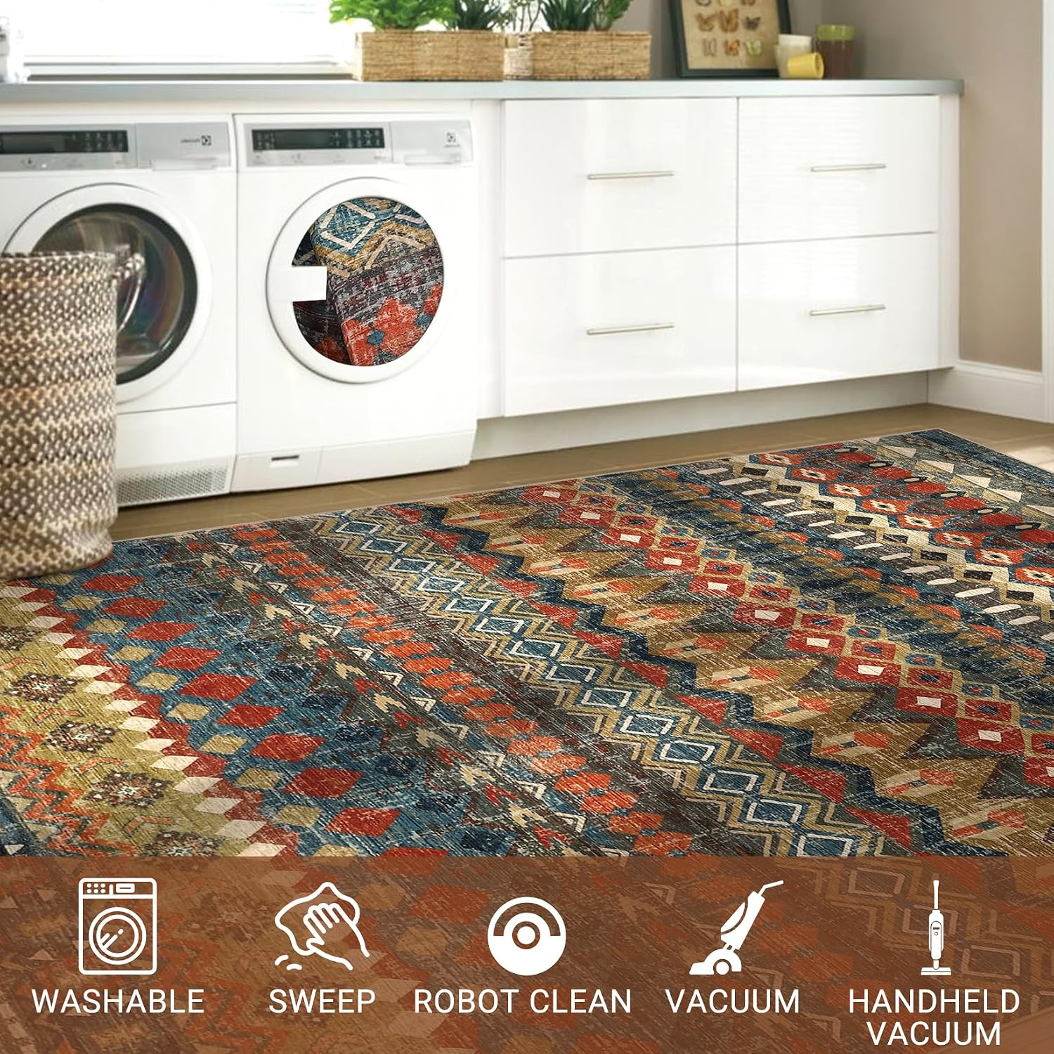 GarveeHome Runner Rug 2x6 Washable Distressed Geometric Printed Hallway Rug, Non-Slip Low Pile Area Rugs, Foldable Non-Shedding Carpet Runner for Kitchen, Laundry, Entryway, Colorful