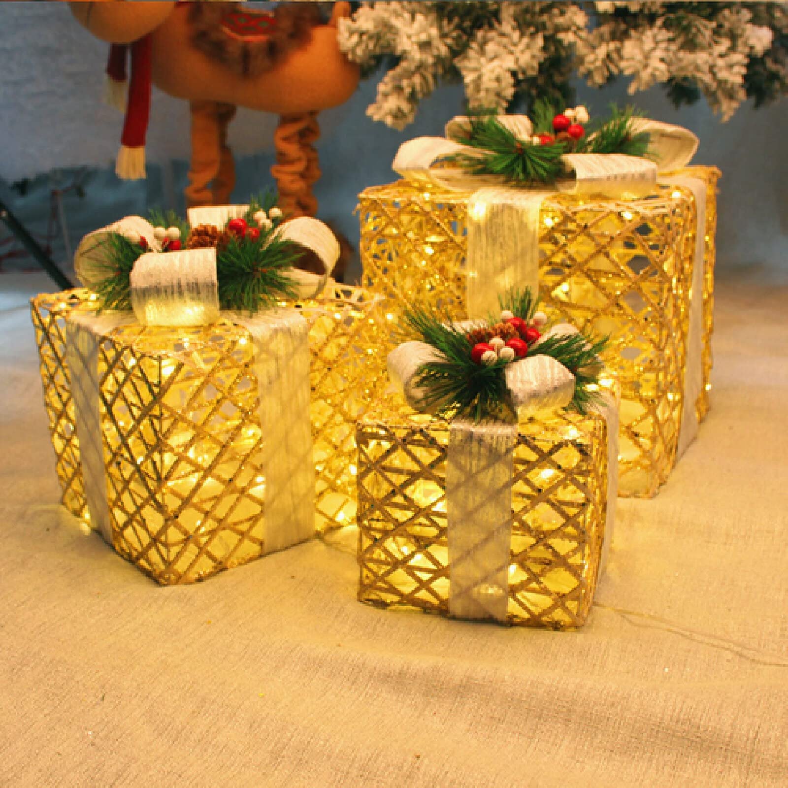 Cajas de regalo para Navidad, Juego de 3 cajas iluminadas con lazos, arte del hierro LED, decoración iluminada de ratán, cajas iluminadas for regalos al aire libre for decoraciones navideñas en el hog