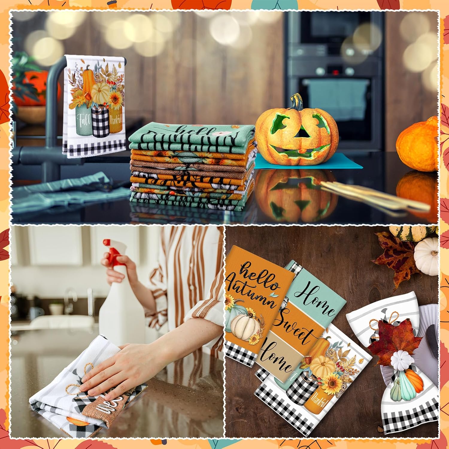 6 Pieces Fall Thanksgiving Kitchen Towels Blue Orange Pumpkin Tea Dishtowels Buffalo Plaid Autumn Bathroom Hand Towels Fall Decor for Kitchen Bath Home Farmhouse Gifts - Image 6