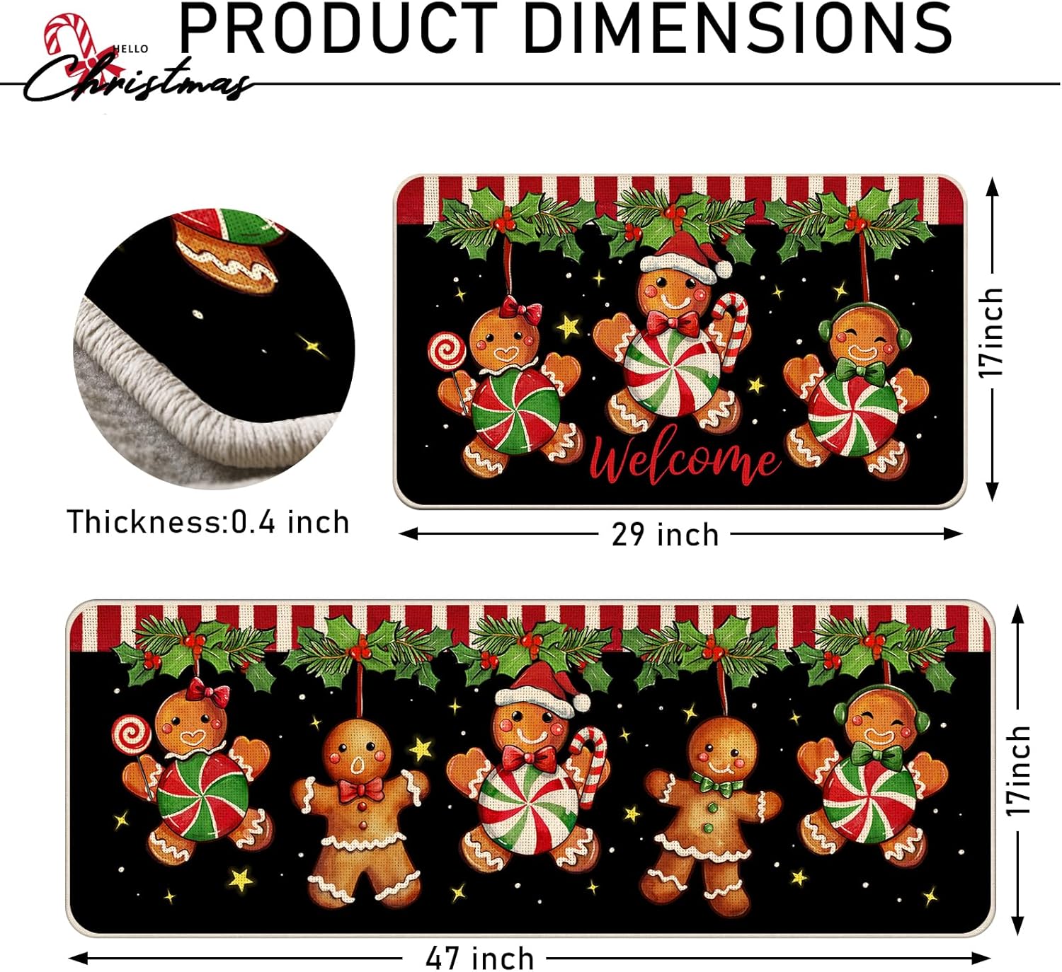 Welcome Christmas Gingerbread Man Kitchen Rugs Set of 2, Xmas Peppermint Candy Holly Red Berries Kitchen Mats Decor, Winter Holiday Door Mat Home Decorations - 17x29 and 17x47 Inch