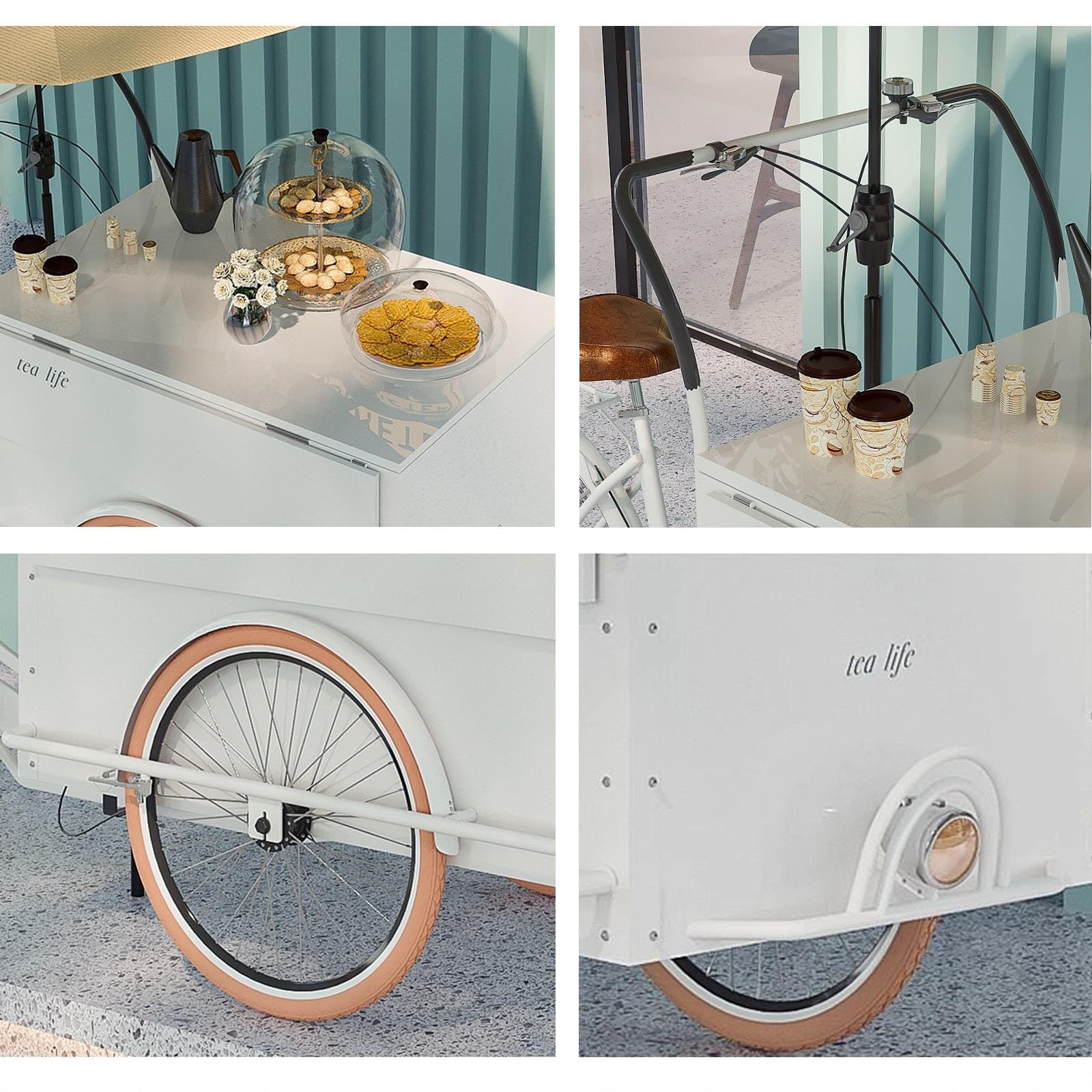 Carrello mobile con ombrellone e grande stoccaggio, ideale per eventi all'aperto e centri commerciali