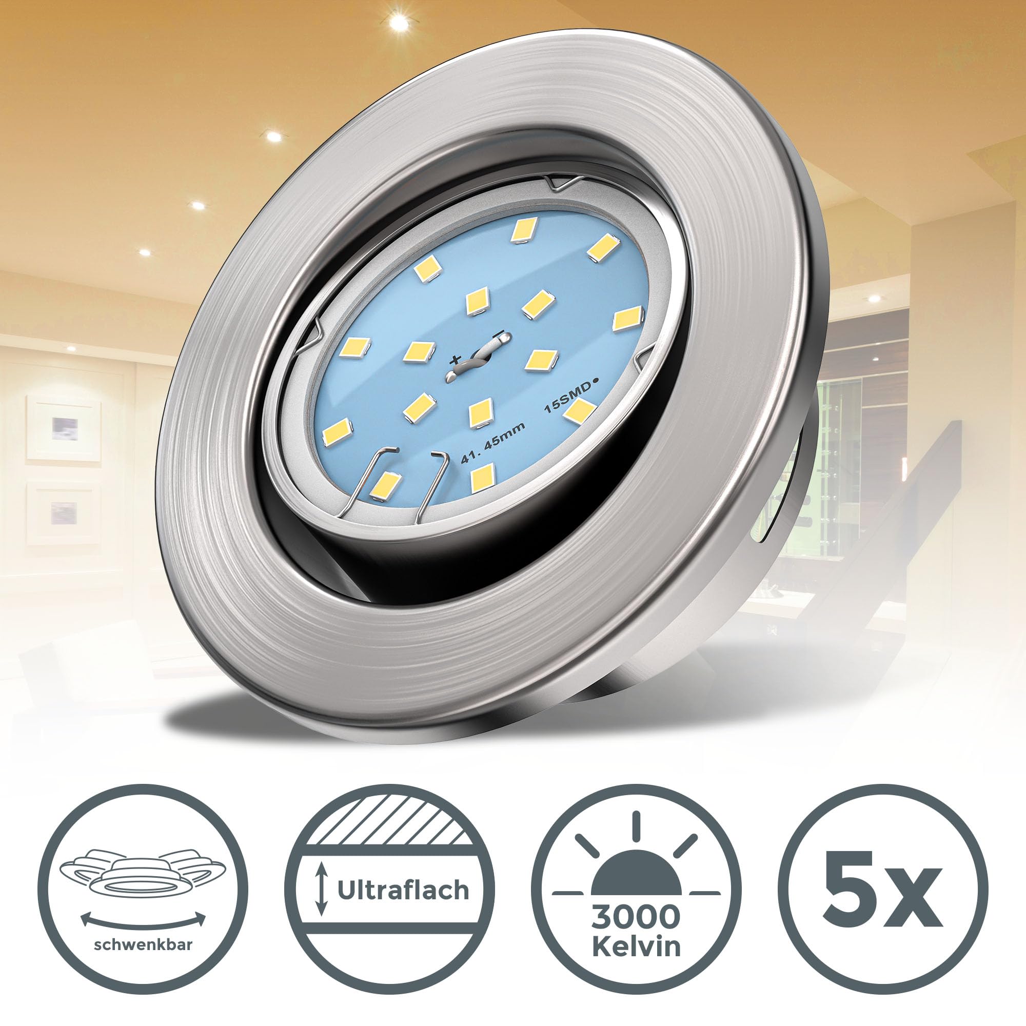 B.K.Licht zestaw lamp sufitowych LED do zabudowy z wbudowanymi diodami LED 5 W, zestaw 5 sztuk