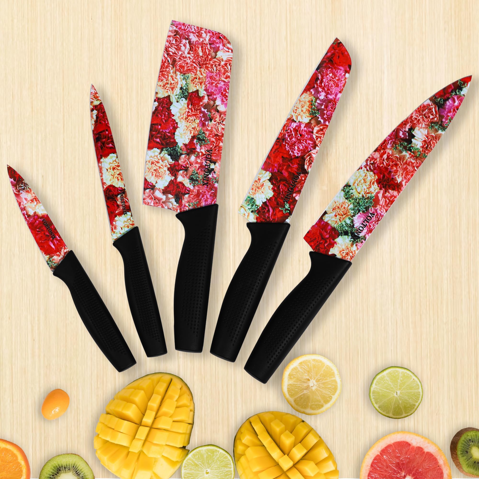 Kitchen Knife Set Dishwasher Safe, Sharp Stainless Steel Knife Set, Kitchen Knives Sets Professional with Sheaths 5 Piece Rainbow Non Stick(Indian-Red Spice)