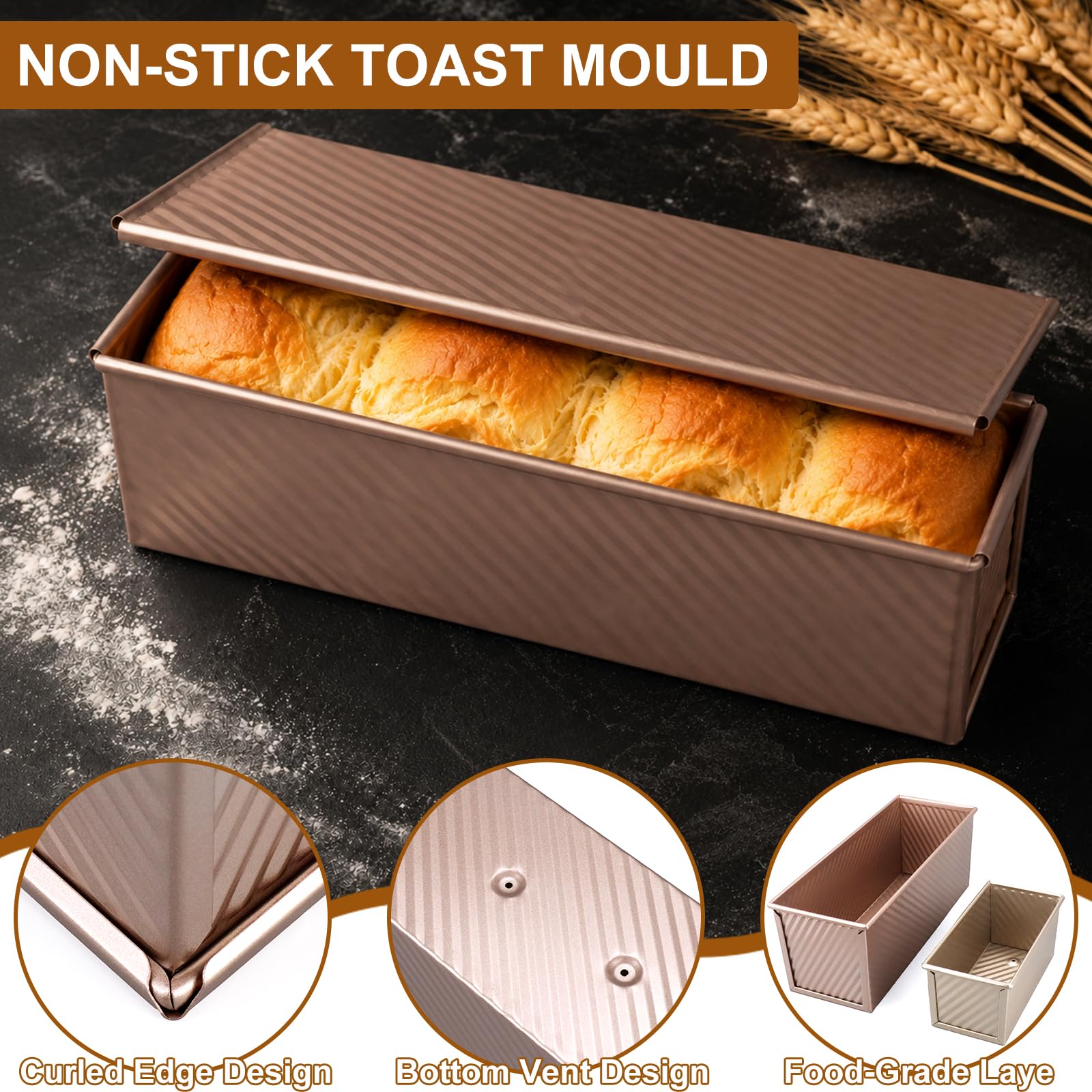 MSYU Pullman Kastenform mit Deckel, 1000 g und 450 g und 360 g, Antihaft-Sandwich-Brotbackform für hausgemachtes Brot, 3 Stück