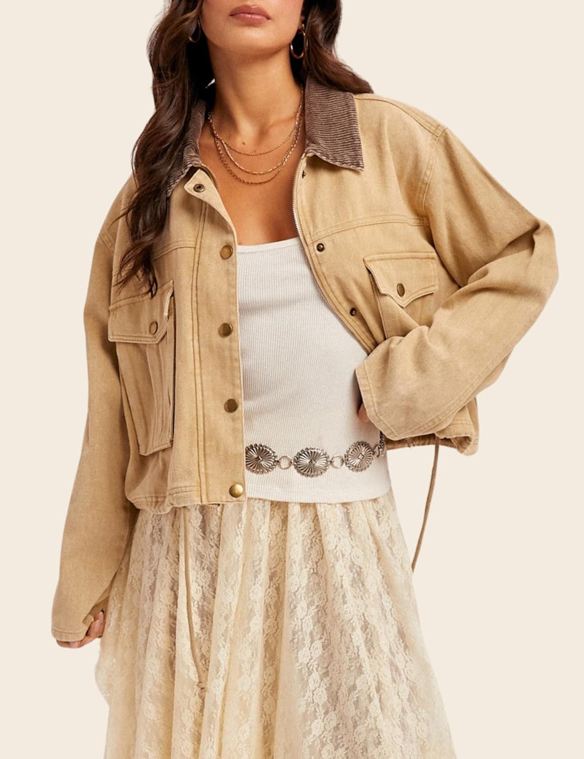 Esmeling Women Contrast Button Down Jacket Lapel Collar Long Sleeve Outwear Cropped Coat with Pocket - Image 6