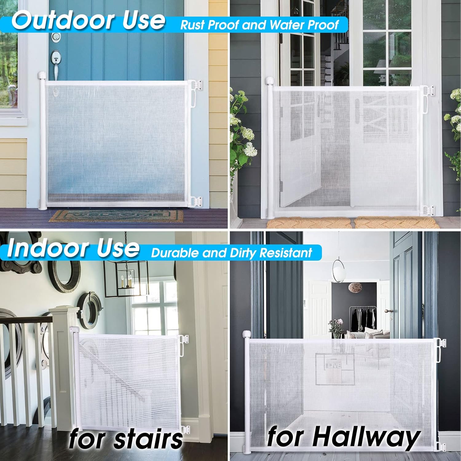 Retractable Baby Gates for Stairs, 33" Tall, Extends to 51" Extra Wide, Mesh Soft Pet Gate for Dog, Child Safety Gate for The House, Doorways, Hallways, House, Indoor, Outdoor(White)