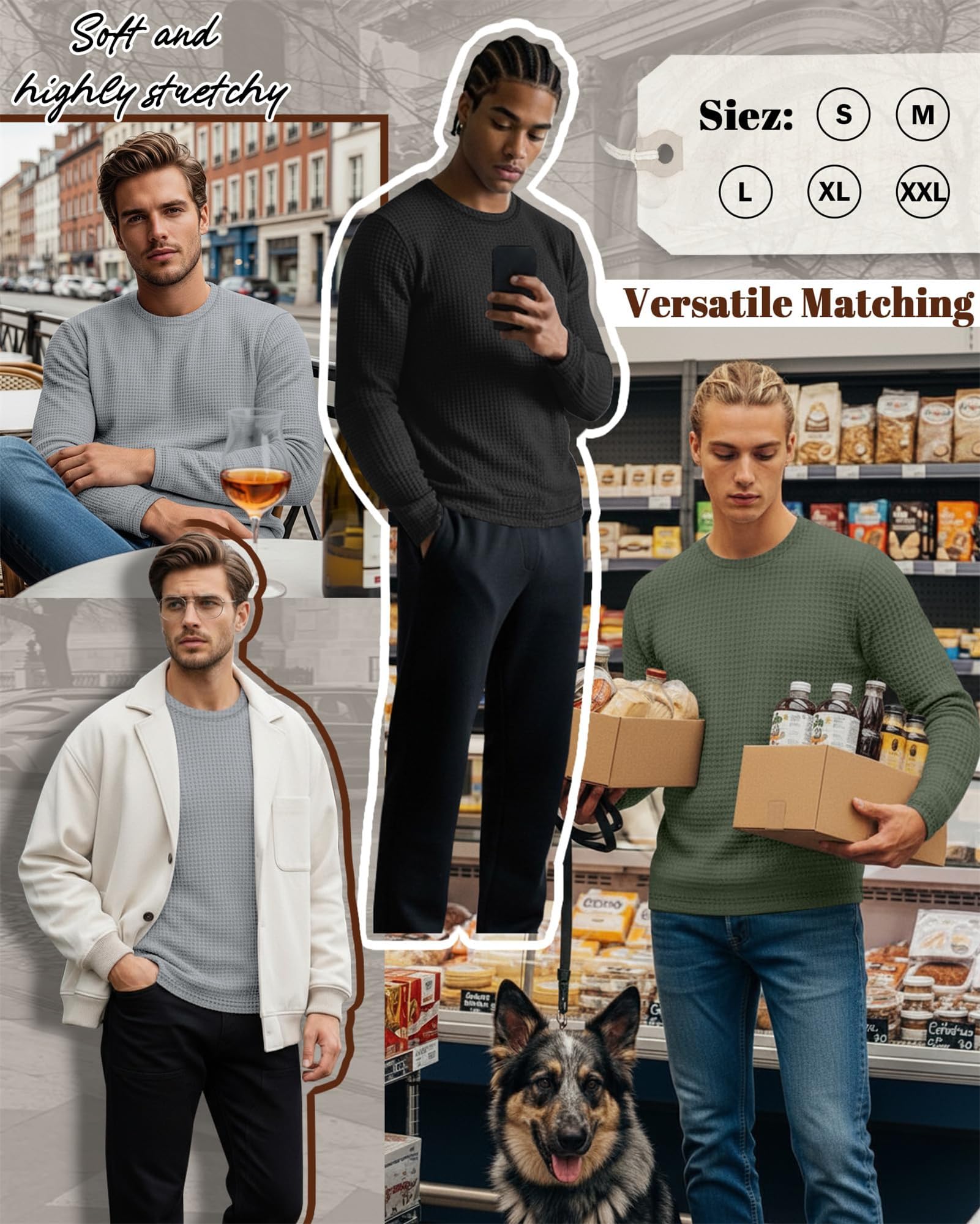Camisas de manga larga para hombre, ropa interior térmica, cuello redondo, manga larga, informal, con textura