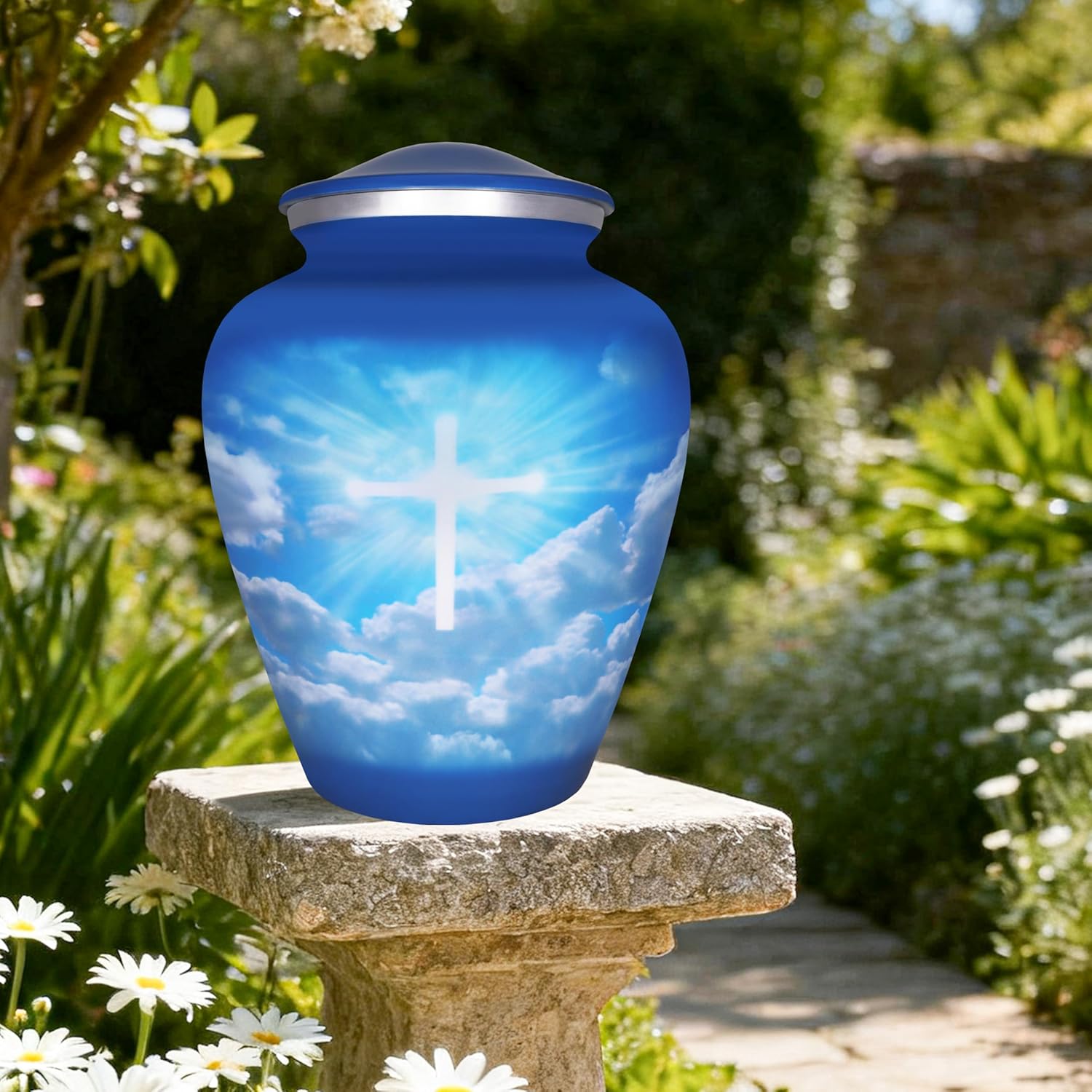 M MEILINXU Cremation Urns for Human Ashes Adult Man or Women, Funeral Urn for Ashes Adult Male or Female, Blue Sky and White Clouds, Religious Cross Decorative Urn, Burial, Christian Crosses - Large