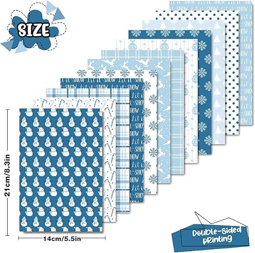 Miniatura 2 de Whaline 60 piezas de papel con patrón de Navidad, copo de nieve, muñeco de nieve, álbum de recortes, papel especial, papel decorativo azul para