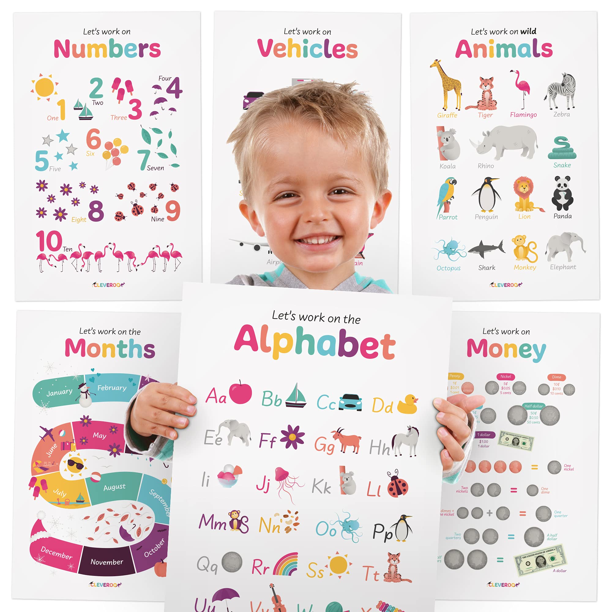 CLEVEROO 30 Educational Posters for Kids Kindergarten Classrooms. Learn The Alphabet, Numbers, Shapes, Colors, Fruits, Vegetables, Weather, Weekdays, Animals, Cursive & Print Letters and More