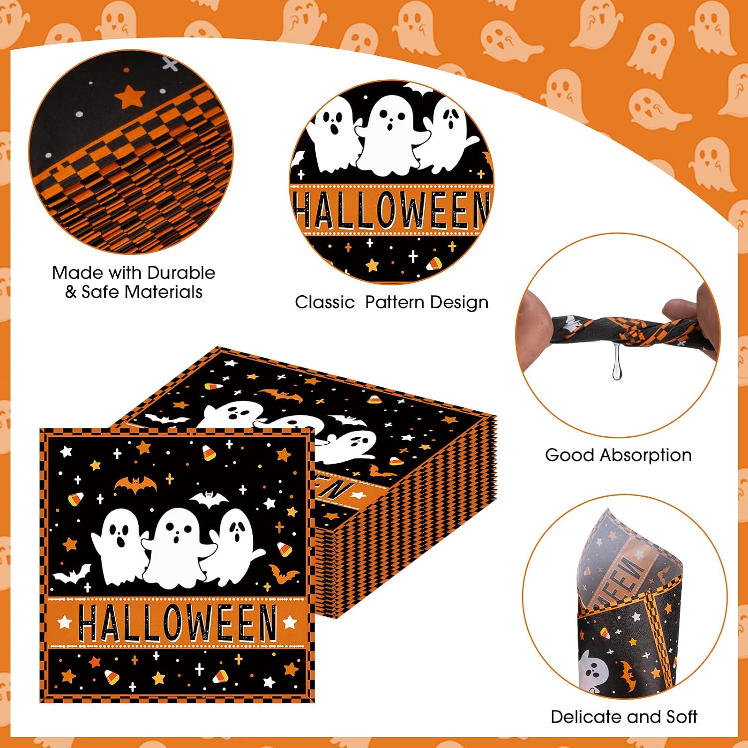 40 Pcs Happy Halloween Napkins 13 x 13 Inches - Cute Ghost Paper Napkin, 3-Ply Black and Orange Disposable Dinner Cocktail Napkins Set for Halloween Party Decorations Supplies Table Decor Favors image 5