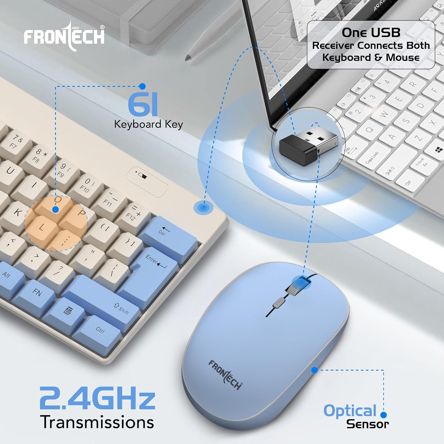 Diagram showing the USB Nano receiver connecting to a laptop, with wireless signals to the keyboard and mouse.