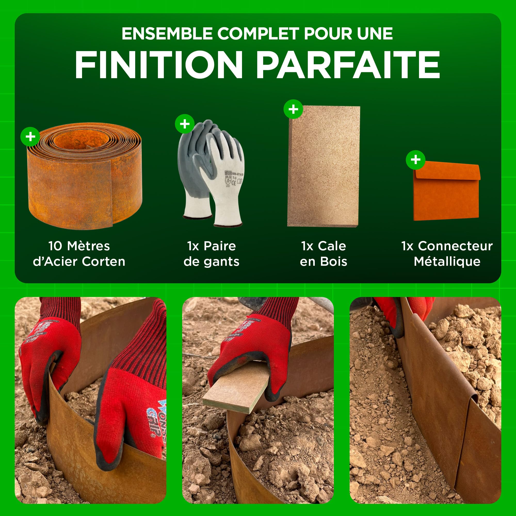Bordure Acier Corten 10 Mètres | Bordure Jardin Exterieur 14cm de Hauteur | Design Flexible & Facile à Installer | Gants, Cale en Bois, Connecteurs et eBook Inclus