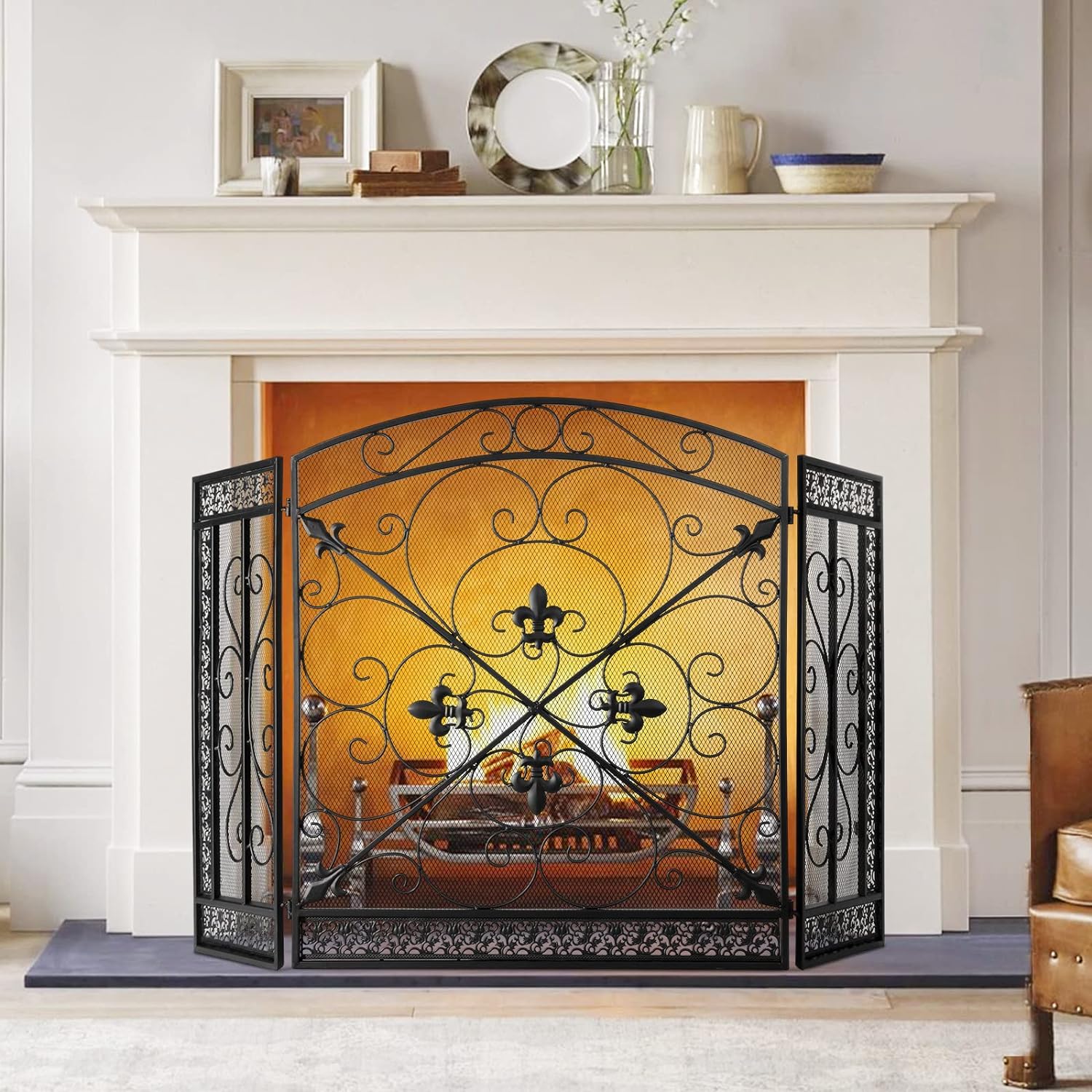 BEAMNOVA Black Decorative Fireplace Screen, 52.4 x 30.7 in, Heraldic Lily, 3-Panel Freestanding Folding Spark Guard Mesh, Heavy-Duty Fire Screen for Indoor Fireplaces Outdoor Fire Pits