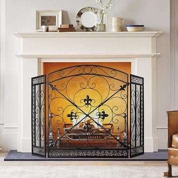 BEAMNOVA Black Decorative Fireplace Screen, 52.4 x 30.7 in, Heraldic Lily, 3-Panel Freestanding Folding Spark Guard Mesh, Heavy-Duty Fire Screen for Indoor Fireplaces Outdoor Fire Pits