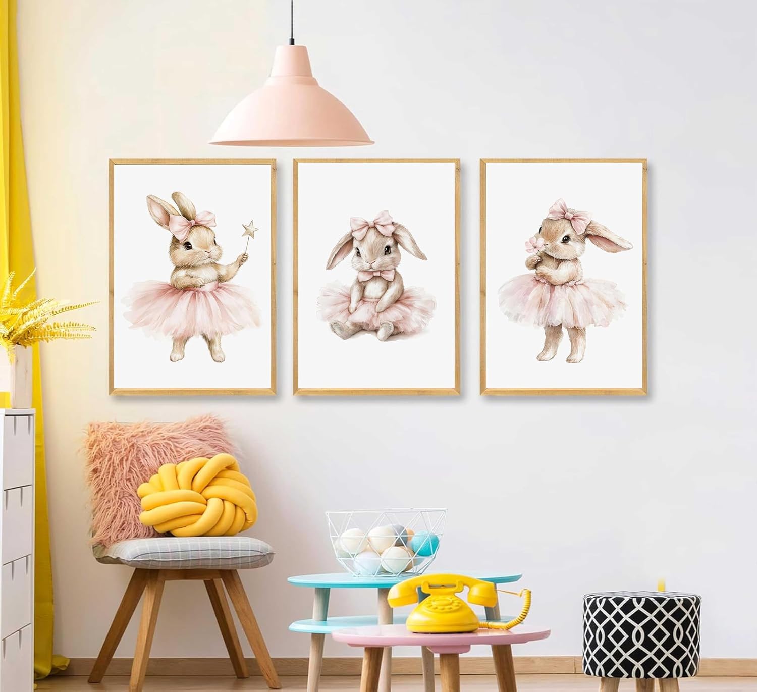 YUFXSTZV 3pcs Pink Bunny Wall Art Ballet Bunny Wall Decor Cute Nursery Posters Pink Little Baby Girls Nursery Canvas Painting Animal Prints for Baby Girl Bedroom, Kids Room Decor Unframed