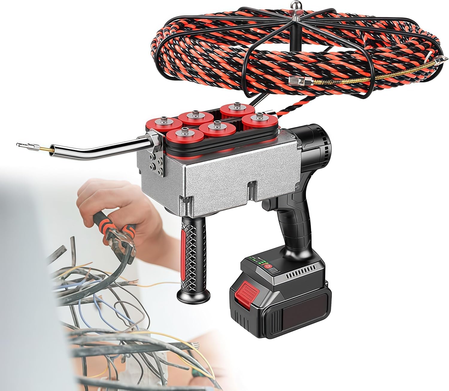 Cordless Fish Tape,Automatic Wire Stringing Machine,40m/min Electric Cable Puller, Hidden Tube Threading Device with Metal Lock Wire for Construction Hydropower 2Battery-37500mah