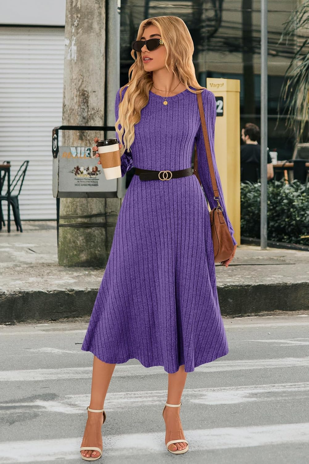 MOLERANI Womens 2025 Fall Ribbed Knit Long Sleeve Dress Midi Crewneck Lightweight Dresses with Pockets Work Vacation,Purple,L - Image 5