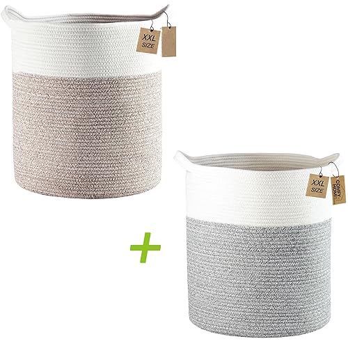 COMFY-HOMI 4 cestas = 2 cestas altas de cuerda de 18 x 16 pulgadas con asa + 2 cestas pequeñas de regalo blancas, color blanco y marrón/blanco y gris