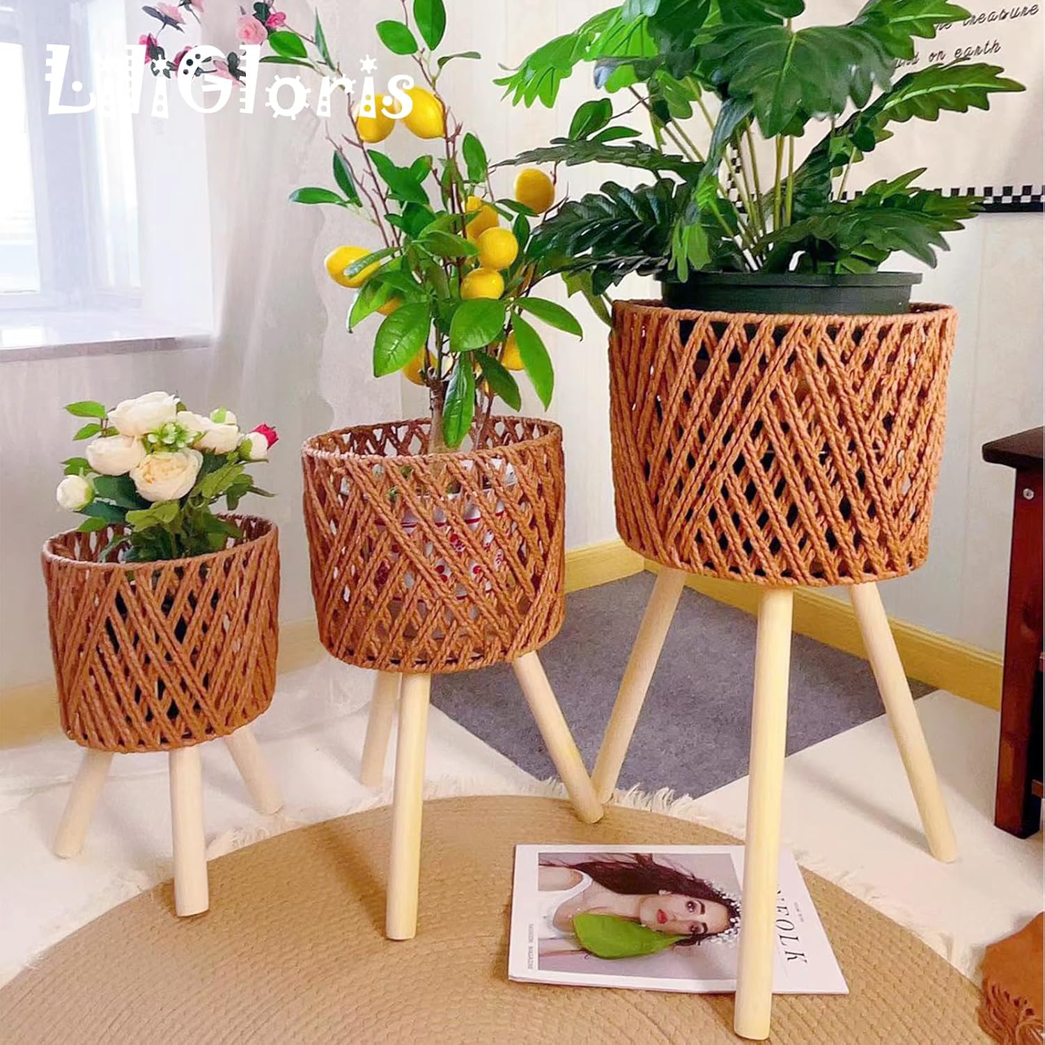 Bohemian 3-Piece Rattan Plant Stand Set - Handwoven Wicker Flower Pot Holder with Tripod Base, Sturdy Mid-Century Modern Plant Shelf for Indoor/Outdoor Use (E(3-Packs) Flowerpot)