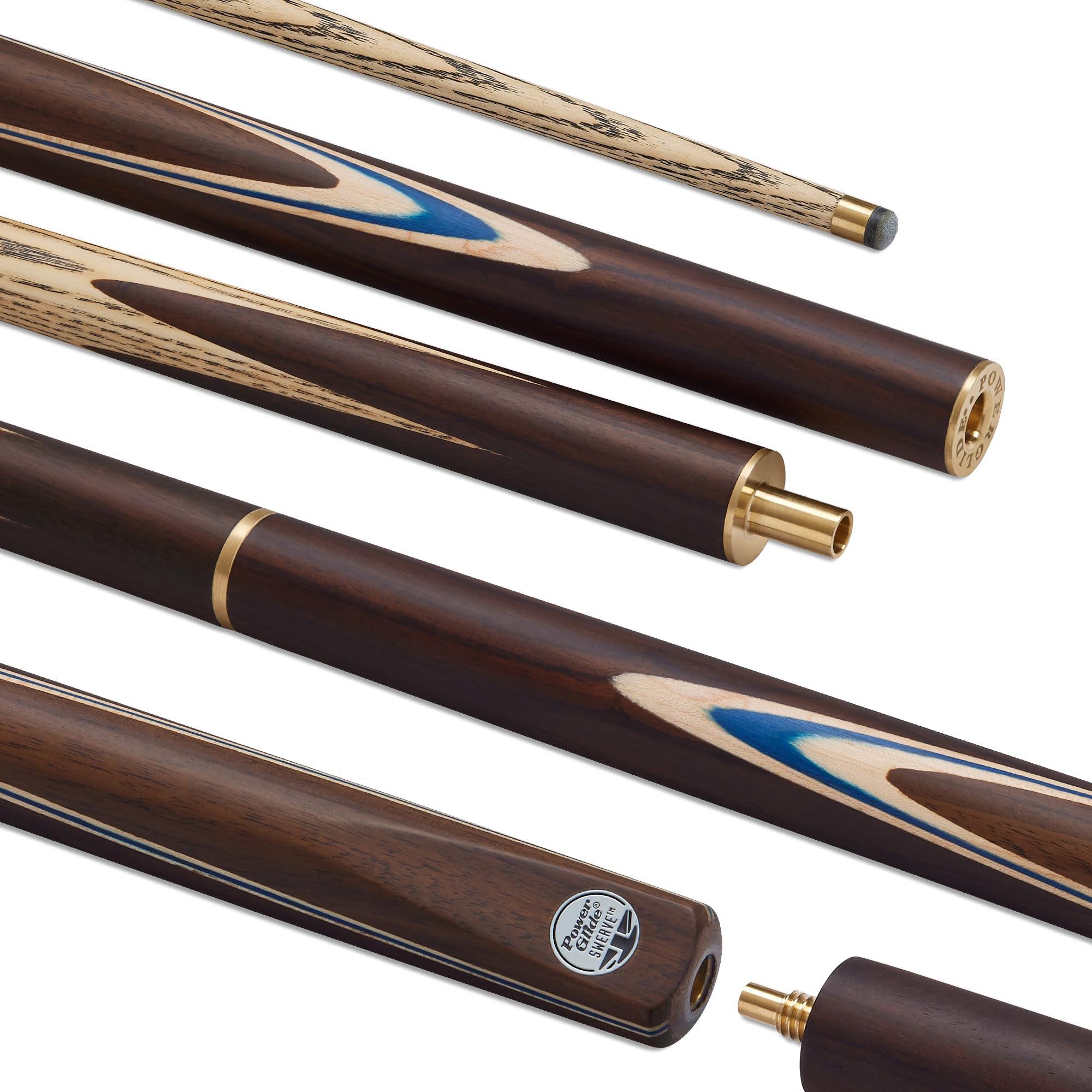 POWERGLIDE Swerve 3/4 Jointed Snooker Cue – Ash Shaft, Hand Spliced Rosewood Butt, Blue Veneer Design, Brass Joint, Pro Tip, 6” Extension – Performance Cue for Improving & League Players