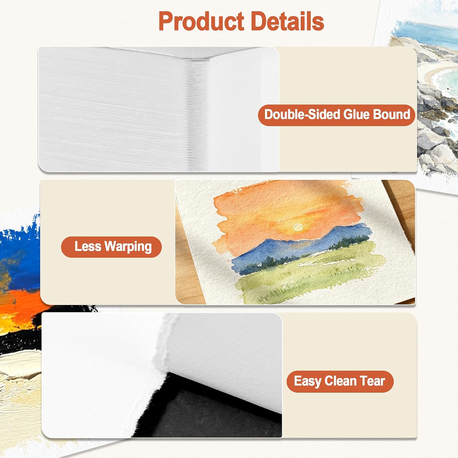UniBeax Watercolor Paper Block 3.5 x 3.5 in Loose Paper, 100% Cotton, Mini Draw Paper 300GSM 140lb Cold Pressed for Drawing, Painting, journaling, Zentangle