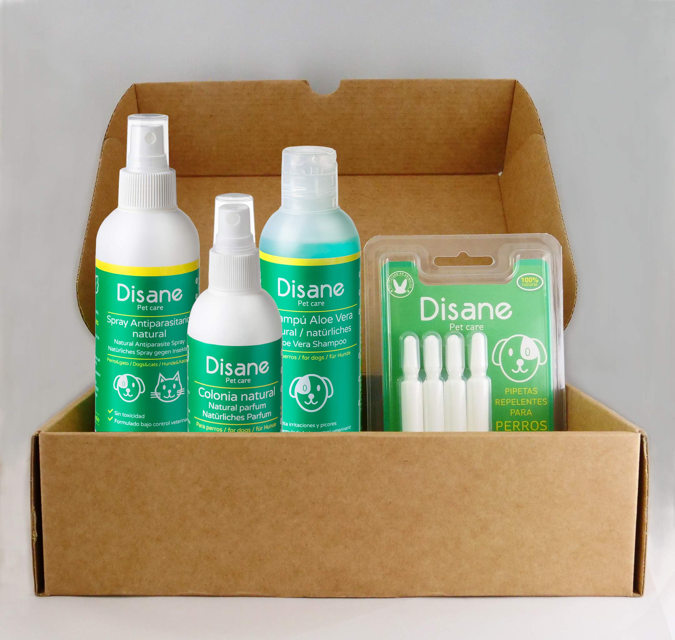 DISANE Caja Regalo con Productos Naturales para Perro | Mima y Protege a tu Mascota | Champú Aloe Vera + Pipetas Antiparasitarias + Colonia Aroma Talco + Spray Antipulgas | Todas Las Razas de Perros