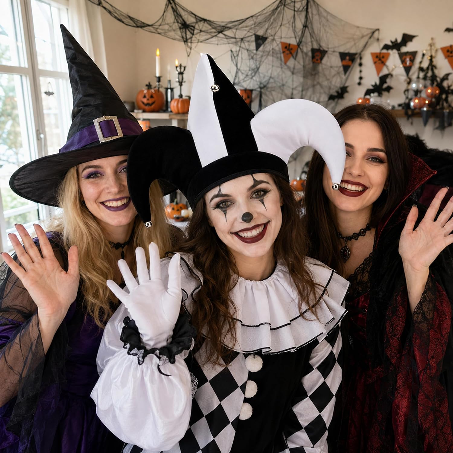 Black & White Jester Hat Costume, Circus Clown Cap for Halloween Carnival