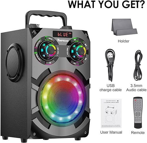 Miniatura 8 de TAMPROAD Altavoces Bluetooth portátiles con subwoofer, altavoces portátiles de 60 W para exteriores Bluetooth inalámbricos con luces de fiesta,