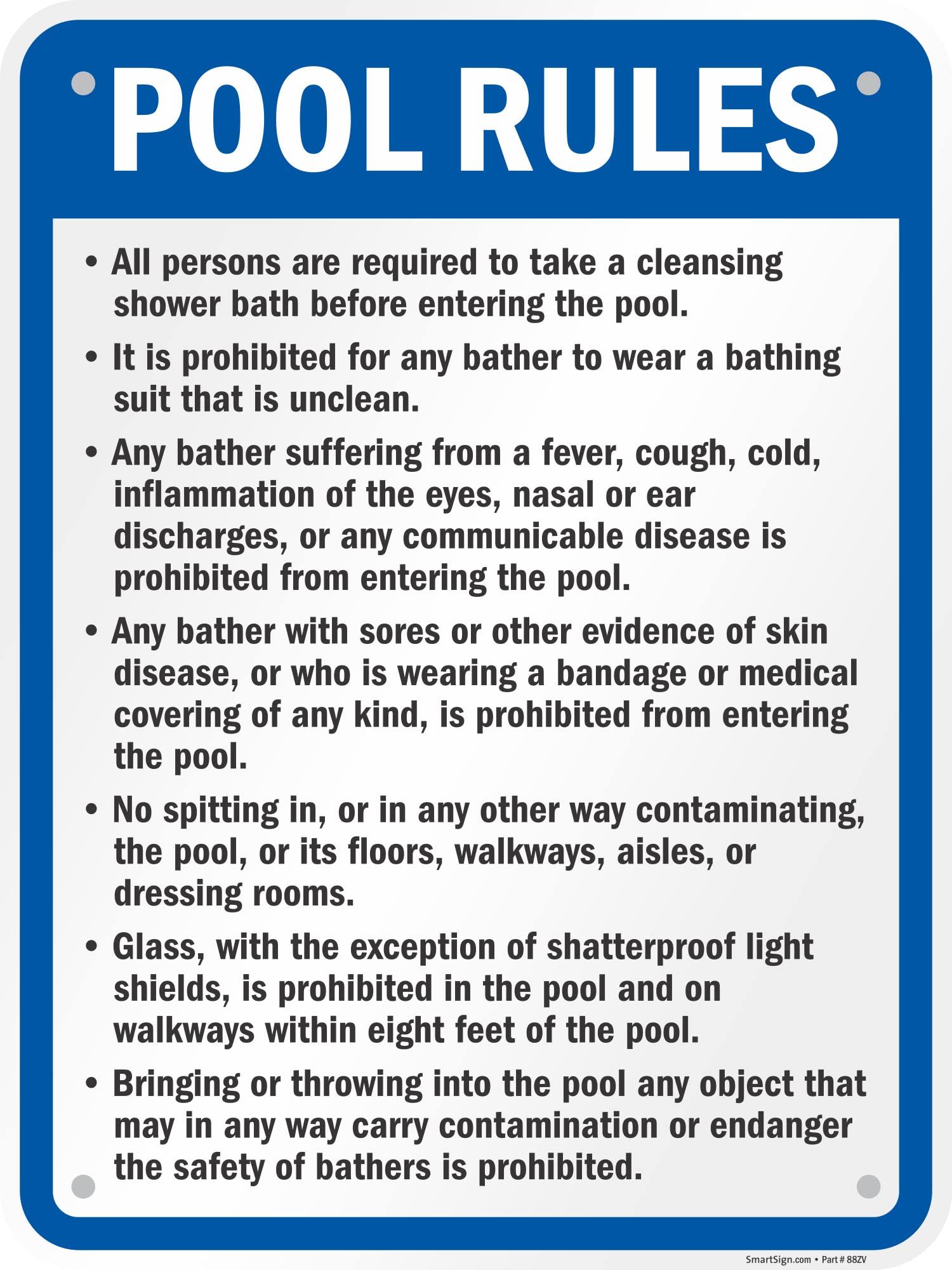 SmartSign 24 x 18 inch “Pool Rules - Shower Before Entering, No Spitting, No Running…” Official Massachusetts State Metal Sign, 80 mil Laminated Rustproof Aluminum, Blue, Black and White