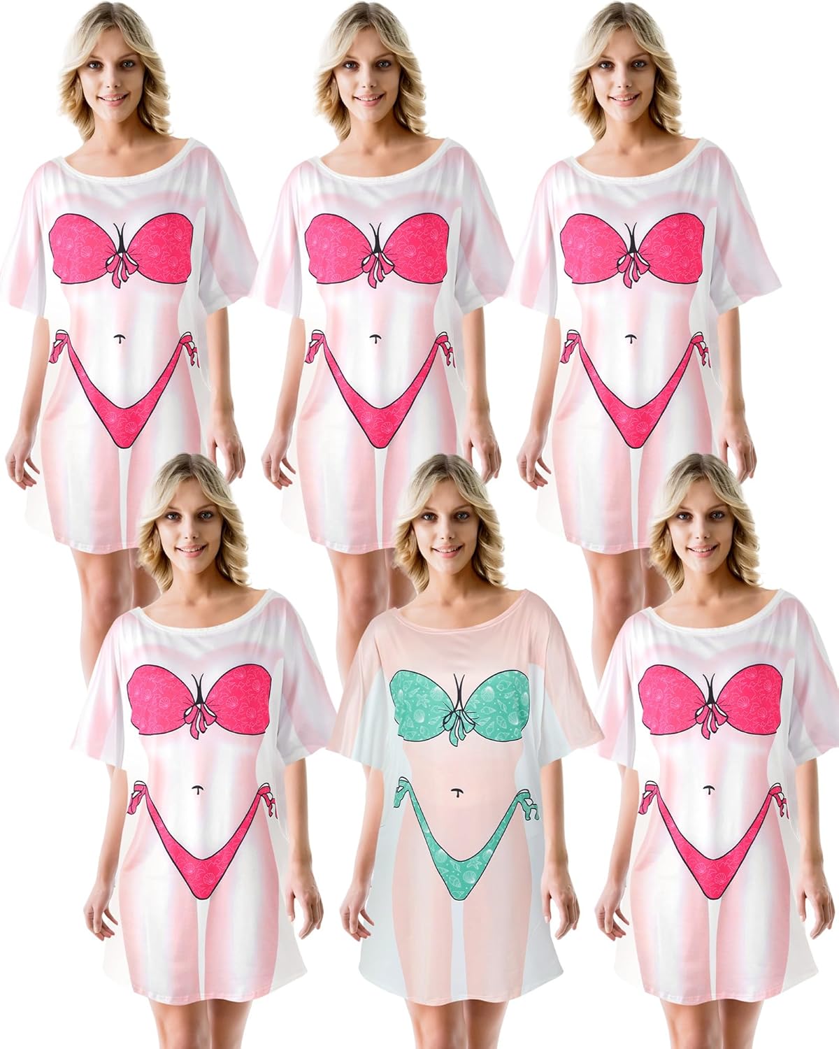 Jeyiour 6 Pack Women's Funny Bikini Shirt Short Sleeve Cover up Baggy T Shirt Dress Cute Bikini Print Baggy Swimwear