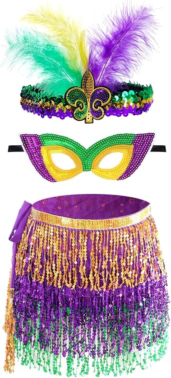 SUMERSHA 3pcs Mardi Gras Costume Accessory Set, Womens Sequins Tassel Wrap Skirt, Feather Headband, Sequin Mask for Carnival Halloween Party