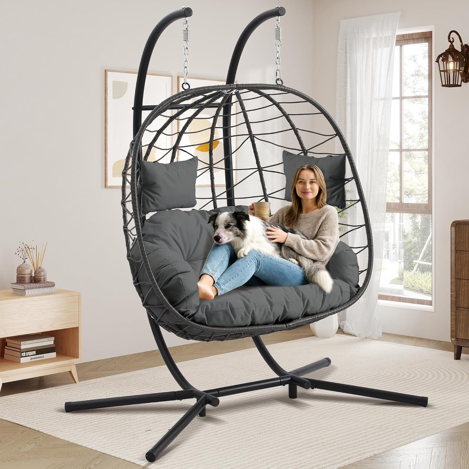 Grepatio Double Egg Chair with Stand, Outdoor Hanging Swing Chairs, 2-Person Hammock Egg Chair with Cushion and Pillows, Patio Porch Swings Indoor Loveseat 600LBS Capacity for Garden (Grey, Double)