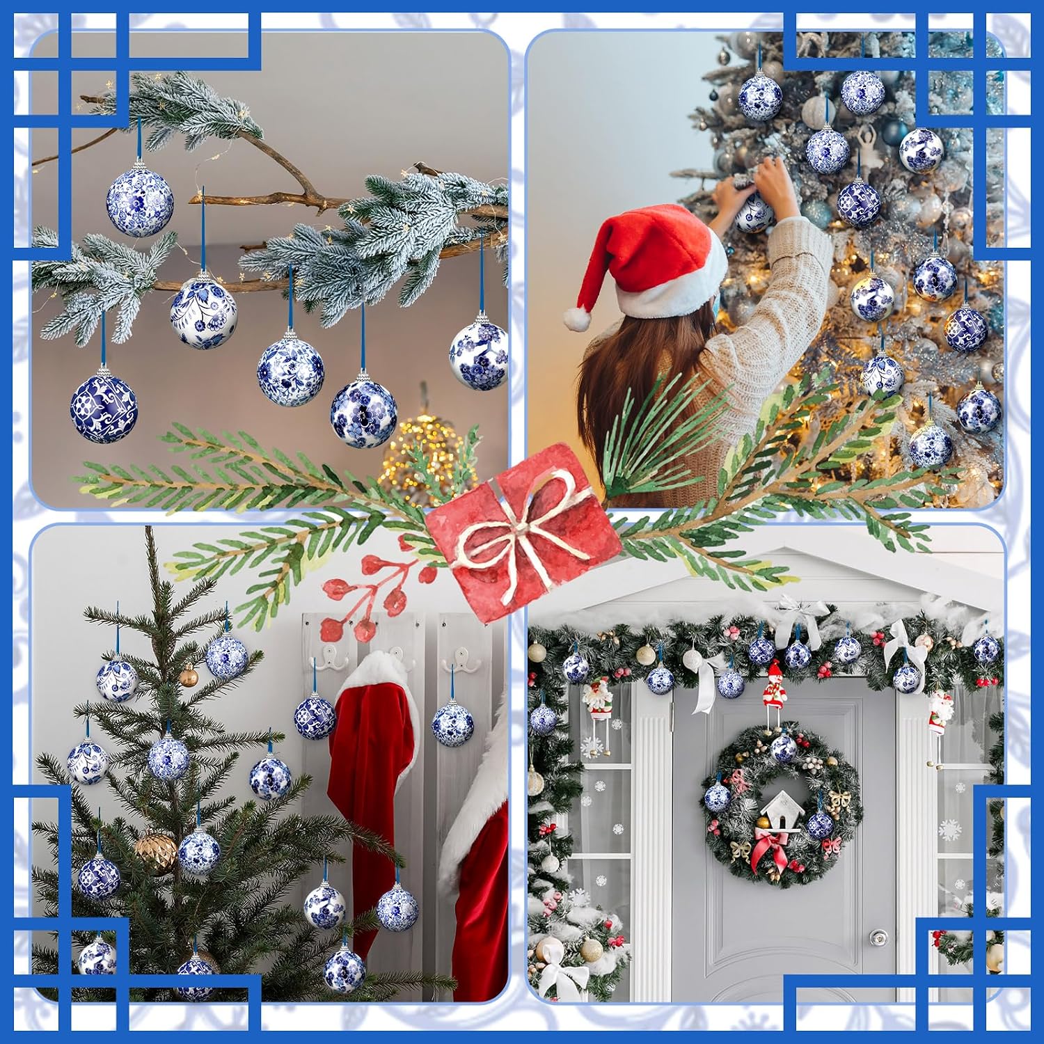 Poen 12 Pcs Chinoiserie Porcelain Ornaments Chinoiserie Decorations Plastic Blue White Ball Ornaments with Ribbon for Small Tree, Not Porcelain (2.36 Inch)