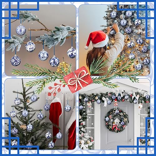 Miniatura 5 de Poen Adornos navideños de porcelana chinoiserie de 2.36 pulgadas, bolas de plástico azul y blanco, adornos decorativos colgantes de Navidad con
