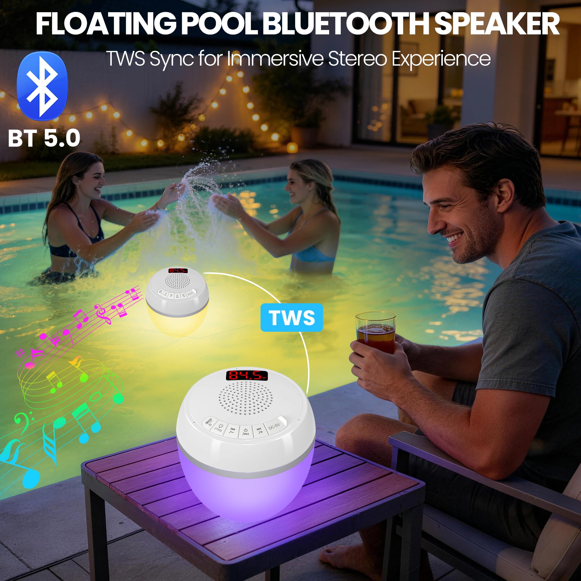 AearKing Altoparlante galleggiante 3in1 per piscina con termometro digitale e luci | Luci RGB, TWS, impermeabile IP68, Bluetooth 5.0, suono surround a 360°, display LCD della temperatura, ABS, ricarica USB