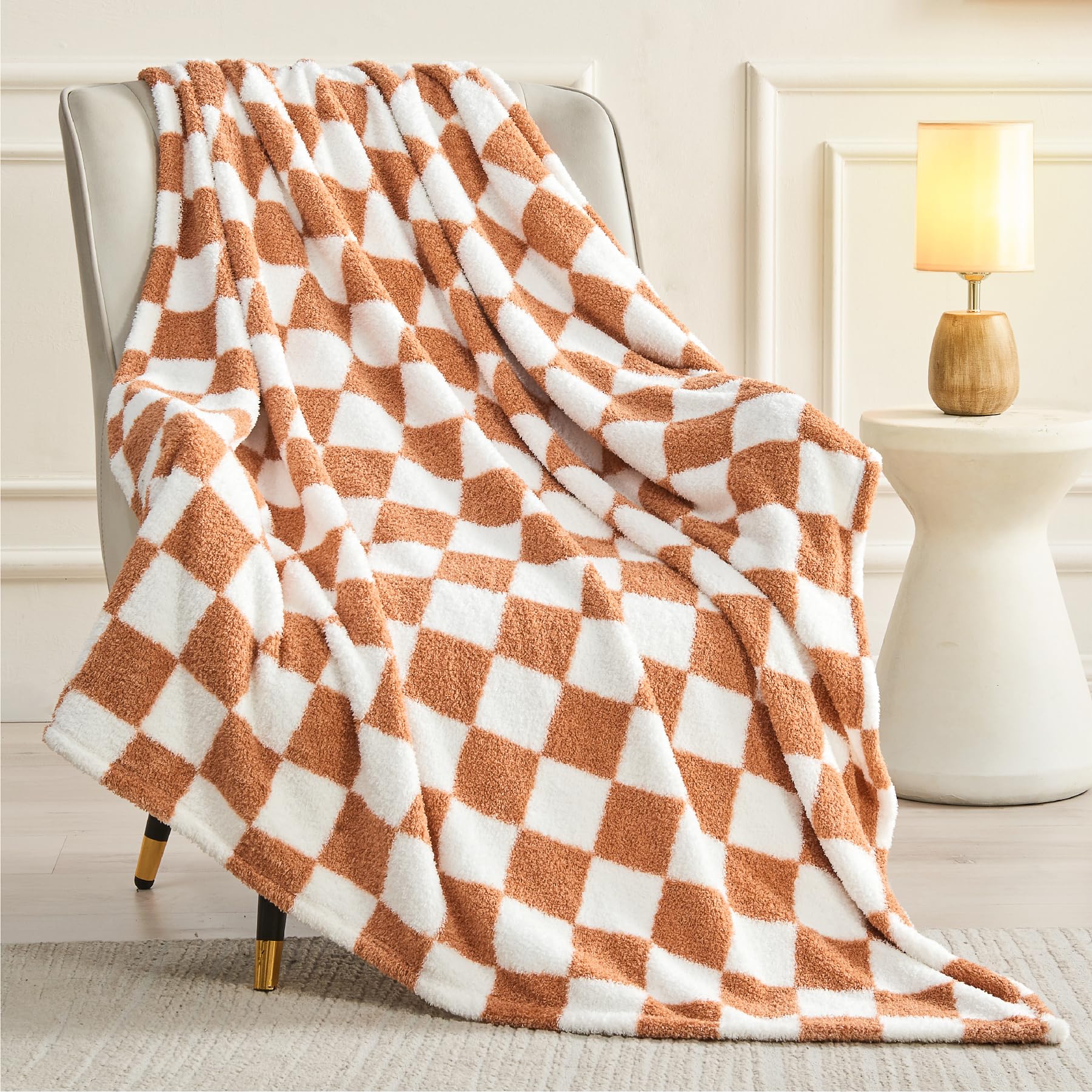 BEDELITE Checkered Blanket - Reversible Soft Cozy Fuzzy Blanket, 350GSM Warm Fluffy Throw Blanket for Couch, Bed, Travel (Khaki, 60" x 80")